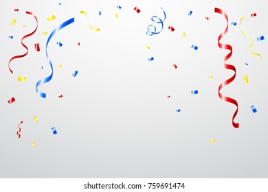 Colorful Tiny Confetti With Ribbon On White Background. Celebration Event and Party. Multicolored. Vector