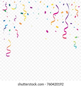 Colorful Tiny Confetti And Ribbon On Transparent Background. Celebration Event and Party. Multicolored. Vector