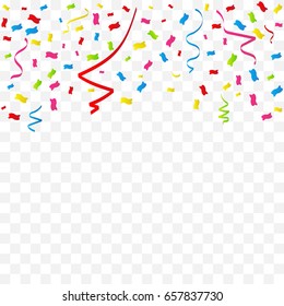 Colorful Tiny Confetti And Streamer Ribbon Falling On Transparent Background. Celebration. Festive. Multicolored. Vector