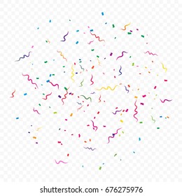 Colorful Tiny Confetti And Streamer Ribbon Isolated On Transparent Background. Celebration Event & Birthday. Vector Illustration