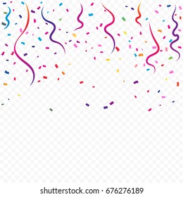 Colorful Tiny Confetti And Streamer Ribbon Falling On Transparent Background. Celebration Event & Festive. Vector Illustration