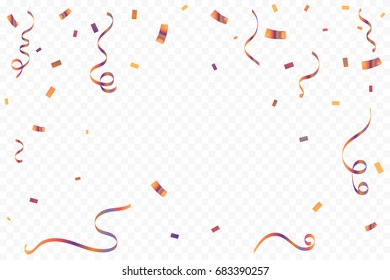 Colorful Tiny Confetti And Streamer Ribbon Falling On Transparent Background. Celebration and Birthday. Vector. Multicolored