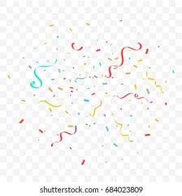 Colorful Tiny Confetti And Streamer Ribbon Falling On Transparent Background. Celebration & Birthday. Vector