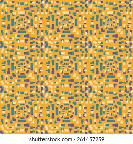 Colorful tiny cubes scattered on yellow background, abstract vintage vector seamless pattern, summer bright  print
