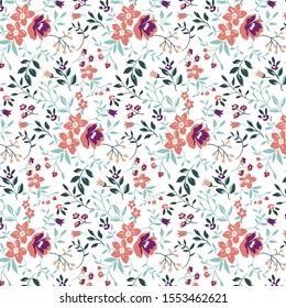 Colorful tiny flowers and branches on white background.
