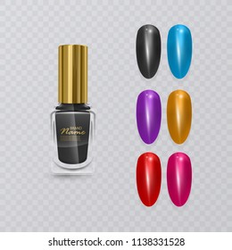 Colorful tips. Set of false nails for manicure. Varnish color palette for nail extension and realistic black polish, vector illustration