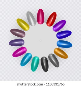 Colorful tips. Set of false nails for manicure. Varnish color palette for nail extension. oval palette with artificial nails, color swatches