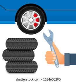 Colorful Tire Service Concept With Mechanic Hand Holding Wrench Wheel On Blue Car And Stack Of Tyres On White Background. Vector Illustration