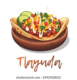 Colorful Tlayuda with Fresh Toppings on a Wooden Plate is a vibrant Mexican dish vector icon isolated on white background. A beautifully presented tlayuda, adorned with delicious ingredients and lime