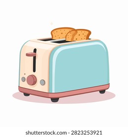 Colorful toaster with two slices of bread popping out, ideal for breakfast, kitchen, cooking appliance, breakfast food, breakfast preparation, breakfast snack.