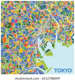 Colorful Tokyo city map graphic with bright geometric patterns. Tokyo, Japan Map.