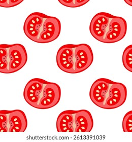 Colorful tomato slice pattern creates a lively backdrop ideal for kitchen decor or food-related projects