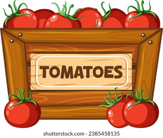 Colorful tomatoes displayed in a wooden box with a sign banner