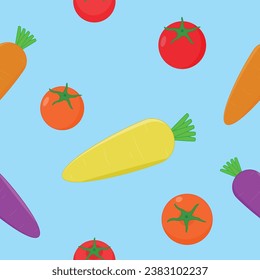 Colorful tomatoes (red, orange) and carrots (orange, yellow, purple) on the blue sky background, for fabric, gift wrapping, book covers, home decoration patterns, or other printable projects.