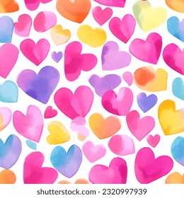 Colorful Tons of Hearts All Shapes and Sizes: Abstract Watercolor Seamless Pattern Wallpaper Background
