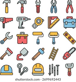 Colorful Tool Icon Pack | Flat Vector Collection Construction Tools