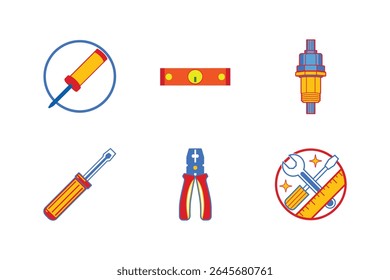 Colorful tool icons set featuring screwdriver pliers level and other essential equipment for work color Vector illustration