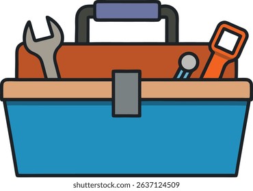 Colorful toolbox with assorted tools including wrench, pliers, and screwdriver in flat vector style. Ideal for repair, maintenance, or DIY illustrations. Clean, modern design for digital use.