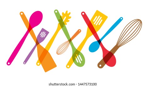 Colorful tools for the kitchen: spoons paddles for cooking. Row of assorted plastic kitchen utensils.