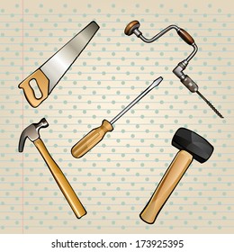 Colorful Tools Set with saw, hand drill, and hammers. Vector illustration. Easy to edit.