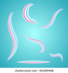 Colorful tooth paste vector with blurred and sharp blobs. Tooth paste in different shapes and forms. Blue dental background. Multicolored toothpaste vector.