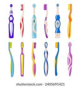 Colorful toothbrush set collection vector illustration isolated on white background, Dental brush cleaning tools set icon for hygiene oral, manual and electric toothbrush, Dental for children.