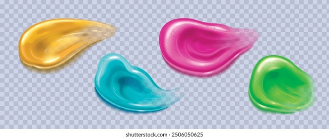 Colorful toothpaste or face and body care gel product smears and drops with bubbled on transparent background. Realistic vector illustration set of beauty cosmetic lotion and makeup moisture swatch.