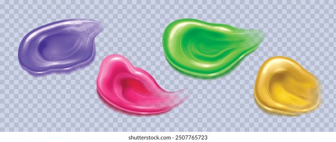 Pasta de dientes colorida o gel para el cuidado de la cara y el cuerpo producto frotis y gotas con burbujas sobre fondo transparente. Conjunto de Ilustración vectorial realista de loción cosmética de belleza y muestra de humedad de maquillaje.