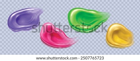 Colorful toothpaste or face and body care gel product smears and drops with bubbled on transparent background. Realistic vector illustration set of beauty cosmetic lotion and makeup moisture swatch.