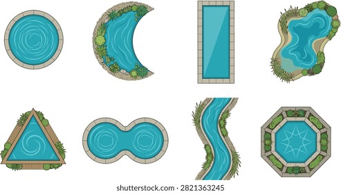 Colorful top view illustration set featuring circular, rectangular, triangular, crescent, figure eight, winding, natural, and octagonal swimming pools. Ideal for landscape architecture, resort planning, pool design catalogs, garden layouts, maps, and recreational property presentations.
