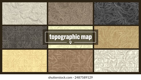 Colorful topographic map with contour lines. Geographic terrain grid, relief height elevation. Ground path pattern. Travel and navigation, cartography design element. Vector illustration