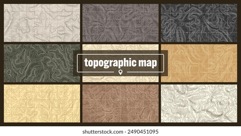 Colorful topographic map with contour lines. Geographic terrain grid, relief height elevation. Ground path pattern. Travel and navigation, cartography design element. Vector illustration