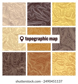 Colorful topographic map with contour lines. Geographic terrain grid, relief height elevation. Ground path pattern. Travel and navigation, cartography design element. Vector illustration