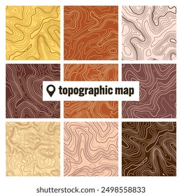 Colorful topographic map with contour lines. Geographic terrain grid, relief height elevation. Ground path pattern. Travel and navigation, cartography design element. Vector illustration