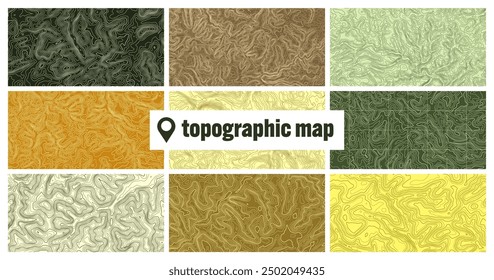 Colorful topographic map with contour lines. Geographic terrain grid, relief height elevation. Ground path pattern. Travel and navigation, cartography design element. Vector illustration
