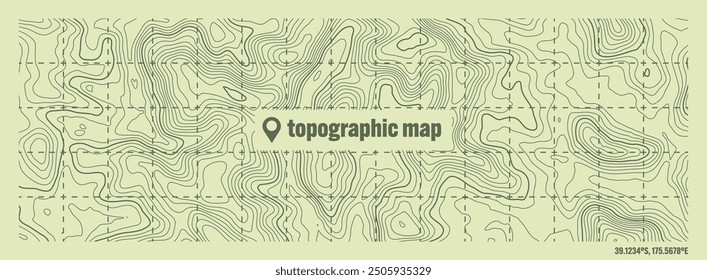 Colorful topographic map with contour lines. Geographic terrain grid, relief height elevation. Ground path pattern. Travel and navigation, cartography design element. Vector illustration