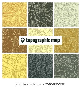 Colorful topographic map with contour lines. Geographic terrain grid, relief height elevation. Ground path pattern. Travel and navigation, cartography design element. Vector illustration
