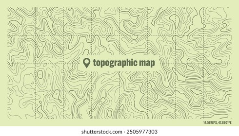 Colorful topographic map with contour lines. Geographic terrain grid, relief height elevation. Ground path pattern. Travel and navigation, cartography design element. Vector illustration
