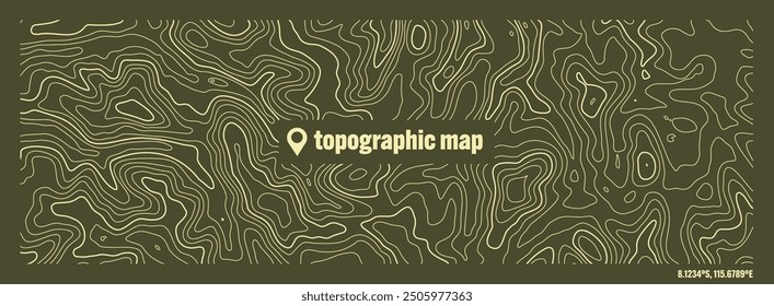 Colorful topographic map with contour lines. Geographic terrain grid, relief height elevation. Ground path pattern. Travel and navigation, cartography design element. Vector illustration