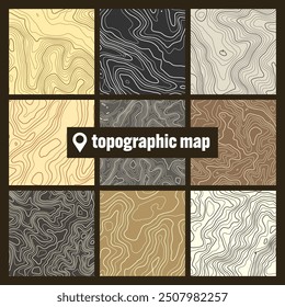 Colorful topographic map with contour lines. Geographic terrain grid, relief height elevation. Ground path pattern. Travel and navigation, cartography design element. Vector illustration