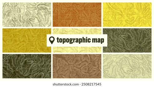 Colorful topographic map with contour lines. Geographic terrain grid, relief height elevation. Ground path pattern. Travel and navigation, cartography design element. Vector illustration