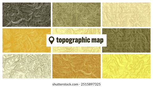 Colorful topographic map with contour lines. Geographic terrain grid, relief height elevation. Ground path pattern. Travel and navigation, cartography design element. Vector illustration
