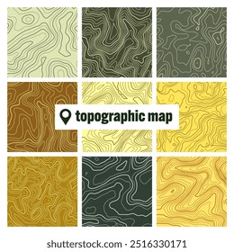 Colorful topographic map with contour lines. Geographic terrain grid, relief height elevation. Ground path pattern. Travel and navigation, cartography design element. Vector illustration