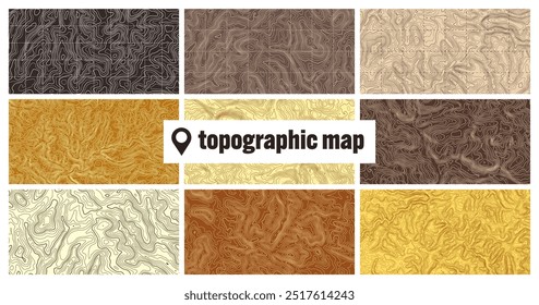 Colorful topographic map with contour lines. Geographic terrain grid, relief height elevation. Ground path pattern. Travel and navigation, cartography design element. Vector illustration
