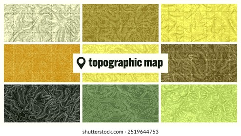 Colorful topographic map with contour lines. Geographic terrain grid, relief height elevation. Ground path pattern. Travel and navigation, cartography design element. Vector illustration