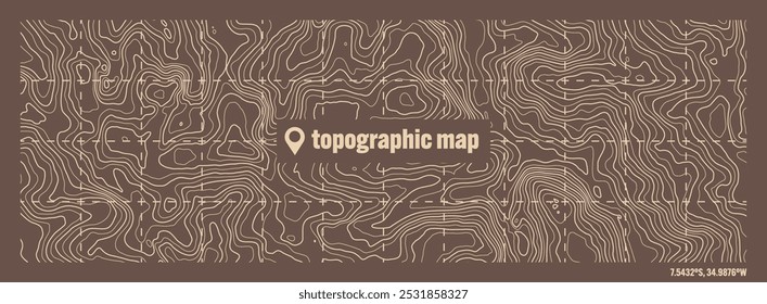 Colorful topographic map with contour lines. Geographic terrain grid, relief height elevation. Ground path pattern. Travel and navigation, cartography design element. Vector illustration