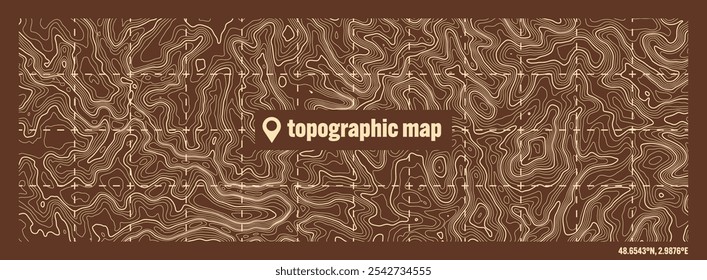 Colorful topographic map with contour lines. Geographic terrain grid, relief height elevation. Ground path pattern. Travel and navigation, cartography design element. Vector illustration