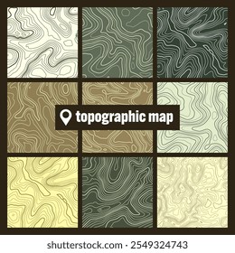 Colorful topographic map with contour lines. Geographic terrain grid, relief height elevation. Ground path pattern. Travel and navigation, cartography design element. Vector illustration