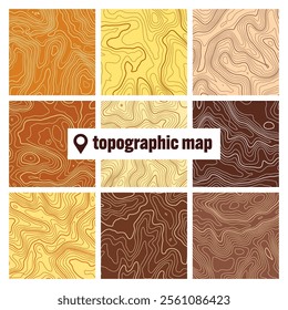 Colorful topographic map with contour lines. Geographic terrain grid, relief height elevation. Ground path pattern. Travel and navigation, cartography design element. Vector illustration