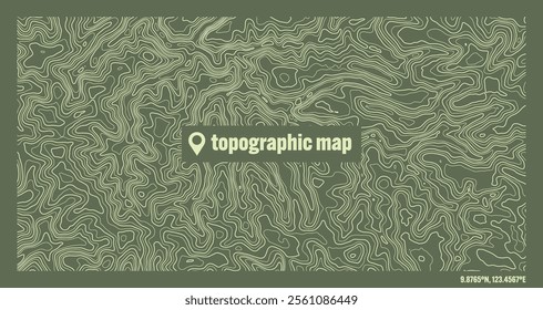 Colorful topographic map with contour lines. Geographic terrain grid, relief height elevation. Ground path pattern. Travel and navigation, cartography design element. Vector illustration